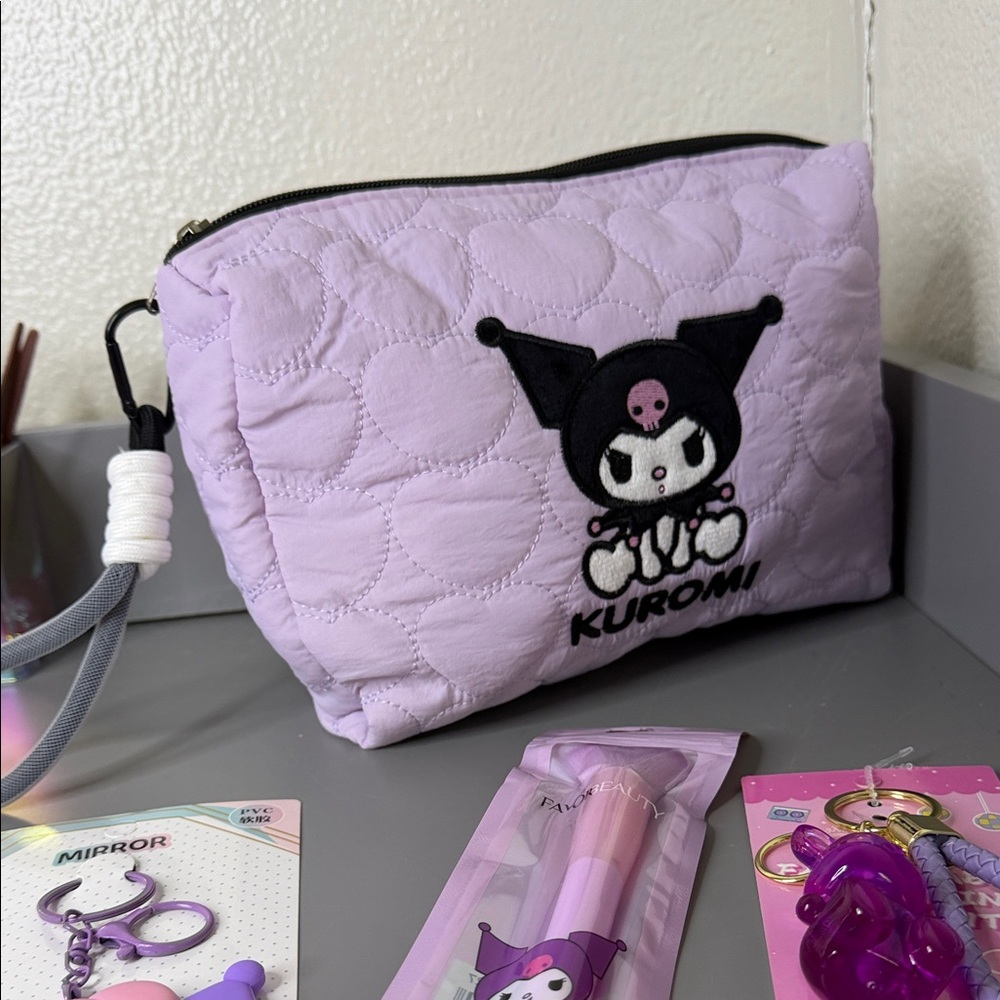 Kuromi Makeup Bag Bundle 4 Pcs | Cosmetic Pouch, Mirror, Brush & Lip Gloss - Picture 4 of 4